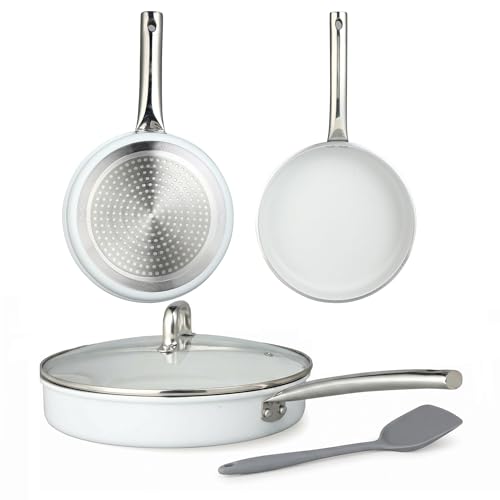 Ray Bear 5 Piece Nonstick Cookware Set, Aluminum Frying Pan Set with Glass Lid and Silicone Turner, PFAS and PFOA Free, Induction Compatible Pots and Pans for All Stovetops