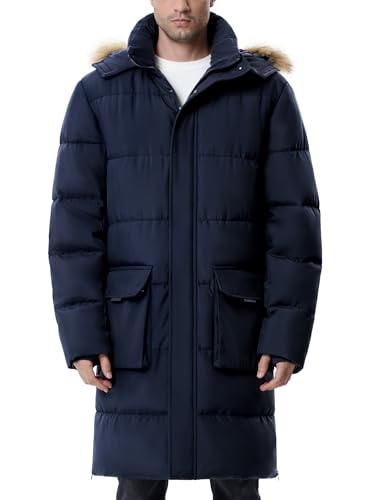UIQUR Mens Extra Long Winter Jacket Puffer Winter Coats Thicken Warm Insulated Water Resistant Parka Blue XL