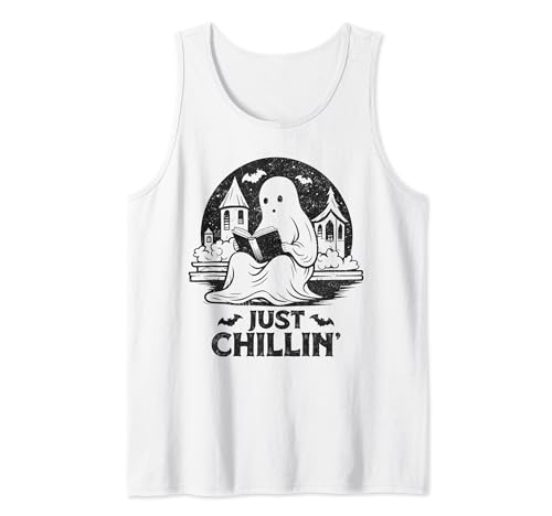 Ghost Chilling libro de lectura, lector de gusano de biblioteca de Halloween Camiseta sin Mangas