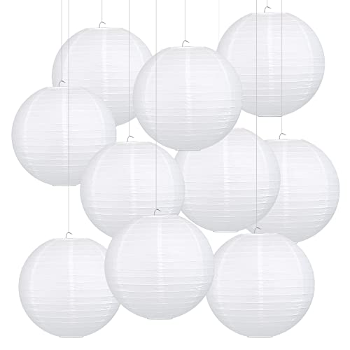 LIHAO 10 PCS Paper Lanterns 12 Inch Round Hanging Paper Lamp Shade Chinese Lanterns Wedding Decoration (White)