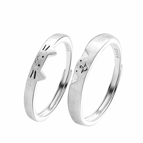 Cute Cat Dog Matching Ring for Him and Her Puppy Pet Kitten Animal Sterling Silver 999 Rings Wedding Open Couples Eternity Promise Bands Sets Jewelry