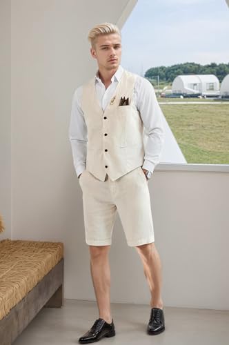 Linen Suit 2 Piece Men's Vest and Shorts Set for Casual Summer Beach Wedding Groomsmen Prom4