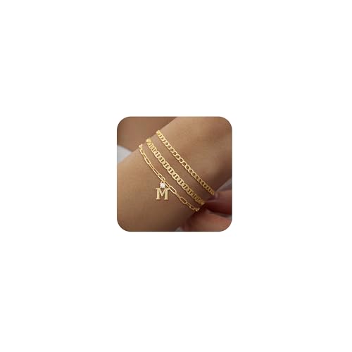 Yatumery Initial Bracelets for Women Trendy,3 Piece Layered Letter Bracelet Initial A-Z Charm Bracelet Jewelry Cute Simple Fashion Chain 14K Gold Plated Bracelets for Women Teen Gift