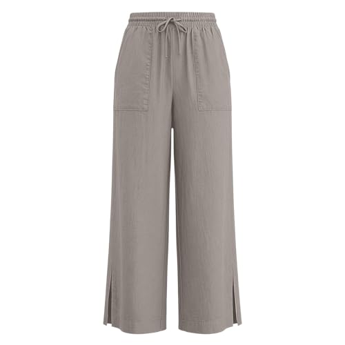 Image of Girls Linen Pants Wide Leg School Uniform Pants Cozy Elastic Waist Summer Casual Beach Lounge Trousers with Pockets