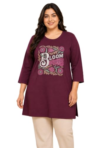 Image of RYSH Women's Plus Size Printed Nightshirt | Round Neck | 3 /4 Sleeve | Relaxed Fit Long Nightwear Top |