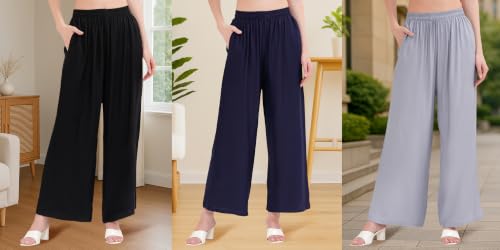 Image of Buy That Trendz Palazzo Pants for Women Rayon Elasticated Regular Fit Flared Wide Leg M to 6XL Pack of 3