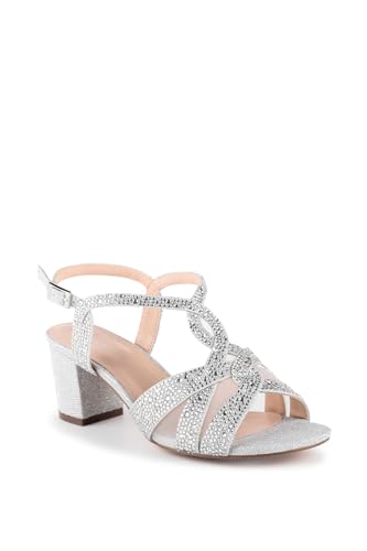 Paradox London Nadia Wide Fit Block Heel Sandals, Silver Glitter Mesh with Diamante, 5.5cm Heel (Silver, UK Footwear Size System, Adult, Women, Numeric, Wide, 7)