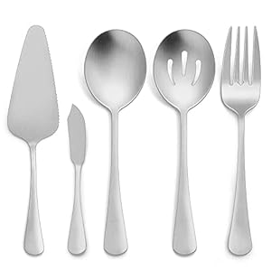 LIANYU 5-Piece Matte Serving Utensils Set, Stainless Steel Serving Set Include Spoon Fork, Flatware Buffet Catering Pieces, Satin Finish, Dishwasher Safe