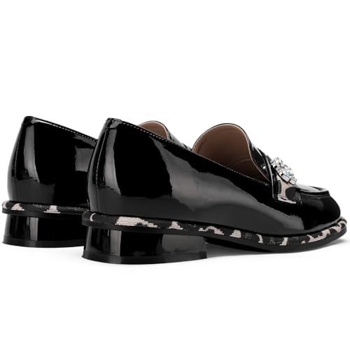 Image of Loafers for Women Patent Leather Buckle Square Toe Chunky Block Dress Slip On Wide Casual Comfortable Dressy High Heels Ladies Comfort Moccasins Elegantes 2 Inch Shoes