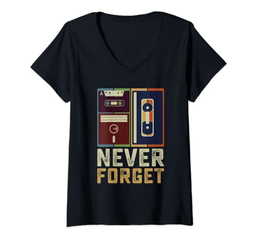 Donna Never Forget Retro Vintage Cool 80s 90s Divertente Geeky Nerdy Maglietta con Collo a V