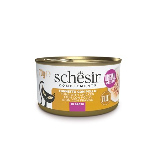 Schesir, Atún con Pollo en Caldo, alimento húmedo Completo para Gatos, en Lata, Ingredientes 100% Naturales, sin crueldad, 12 x 70 g
