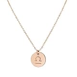 Rose Gold Libra Zodiac Charm Necklace, 16 Inches - September, October Birthday Gift for Girl - Handm