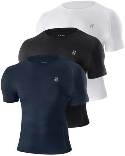 Runhit 3 Pack Kompressionsshirt Herren Kurzarm, Funktionsshirt Schnelltrocknend Sportshirt Atmungsaktiv Laufshirt Männer Laufen Baselayer Top Gym Compression T-Shirt für Fitness Schwarz/Weiß/Marine L