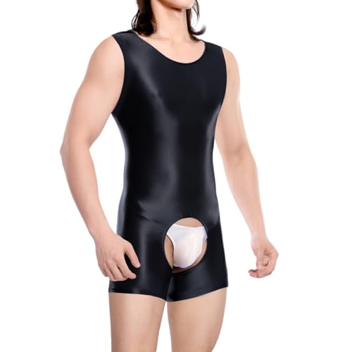 RuiChy Herren Glänzendes Body Armellos Fitness Overall Tank Top Shiny Rundhals Einteiliges Leotard Wrestling Singlet Unitard Freizeit Trainings Playsuit Festival Rave Nachtwäsche(Schwarz/M)