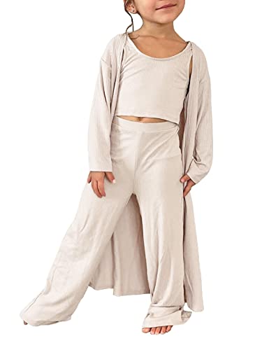 Fessceruna Lounge set for Girls Cute Tank Top Wide pants and Kimono Coat Knit Jumpsuit Casual 3 Piece Outfit