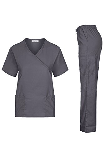 MedPro Women's Solid Medical Scrub Set Mock Wrap Top and Cargo Pants Gray L