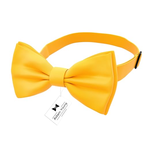 Adam Young Boy's Bright Yellow Bow Tie Pre-Tied Style Formal Satin Classic Bowtie for Tuxedo Faux Silk (Medium, Merigold Yellow)2