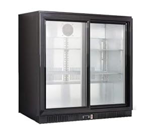 Commercial 220L Sliding Double Door Undercounter Bottle Cooler. Black Stainless Steel Fridge with LED Lighting, Fan-Assisted Cooling, Digital Thermostat & Lockable Doors. For Bars, Pubs, Cafes & More
