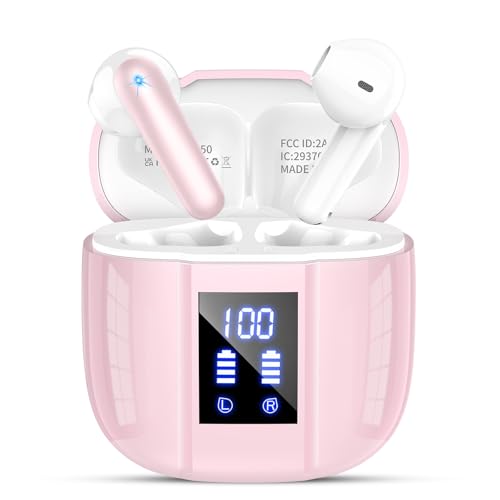Image of Qecnato 2026 Wireless Earbuds, Bluetooth 5.4 Headphones,Ear Buds, LED Display Earphones with Mic, IP7 Waterproof in Earbud, Comfort Fit, Bluetooth Earbuds for Phone Android iOS, Sport, Walk, Pink