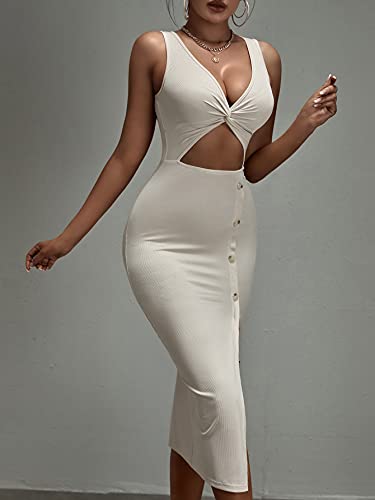 Shein Women's Cut Out Split Thigh Bodycon Midi Dress Twist Front Button V Neck Sleeveless Dresses Beige Small #TOP2