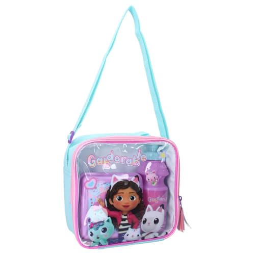 My sweetypop | Sac à lunch La maison de poupée de Gabby | Set Repas 3 Pièces avec Gourde et Boîte à Goûter | Design Rose et Violet Translucide | Bandoulière...