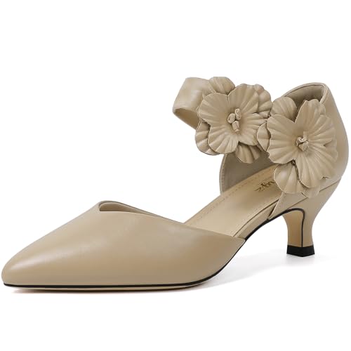 RIBONGZ Black Kitten Heels for Women Low Closed Toe Dressy Pumps Comfortable Slip On Flower Dress Shoes for Wedding Dancing Party Office Work by RIBONGZ