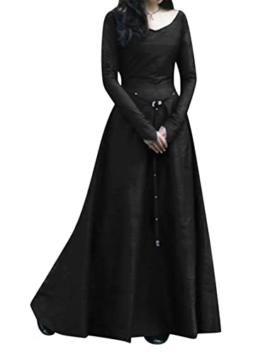 shownicer Damen Vintage Retro Gothic Lange Kleider Langarm Festlich Halloween Party Mittelalter Kleid Abendkleider Cosplay Kostüm Maxikleid A Schwarz...