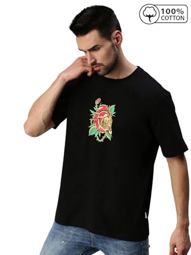 Image of Veirdo Oversized Baggy Fit Pure Cotton Drop Shoulder Half Sleeve & Aesthetic Black & Lilac Back Doodle & Tiger Graphic Printed Round Neck T-Shirt for Men