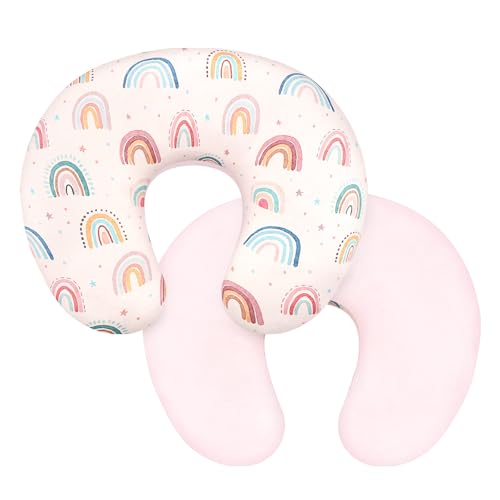 Image of CARUILI Nursing Pillow Cover 1 Pack, Removable Nursing Pillow Cover for Breastfeeding Pillows, Super Soft Comfortable Slipcover for Boy and Girls, Pink & Rainbow
