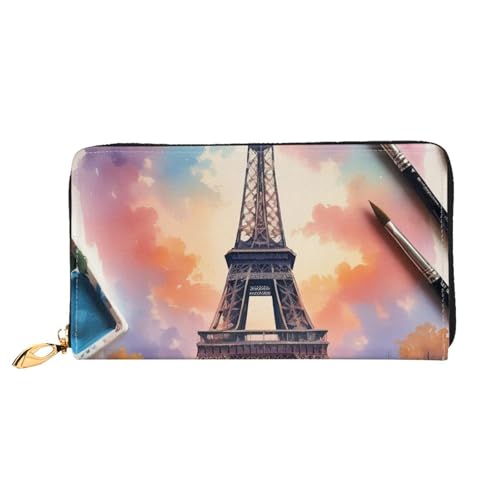 Eiffel Tower Print Men and Women Leather Wallet,Long Zipper Wallet,Convenient to Carry, Various Bank Card Storage - Main Image