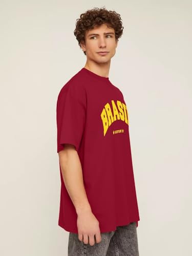 Image of LEOTUDE Men's Oversized Baggy Fit Drop Shoulder Half Sleeves Round Neck Printed Cottonblend T-Shirt for Men (Color: Maroon)