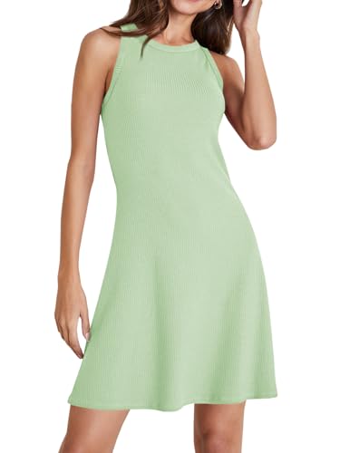 Image of Wenrine Womens Summer Casual Tank Dress Ribbed Knit Sleeveless Crewneck A Line Mini Dresses