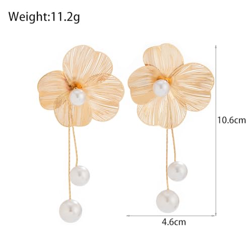 Flower Earrings for Women Dainty 14K Gold Freshwater Pearl Floral Dangle Earrings Long Pearl Ginkgo Leaf Drop Earrings Trendy Prom Jewelry Gifts3