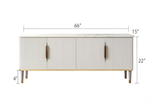 Image of Sonic Console Table, White Marble Top, Charcoal Louvers, Gold Accents, 66 x 15 x 22 Inch, Modern Entryway Storage Cabinet, Waterproof Plywood, PVD-Coated Legs, Elegant TV Unit