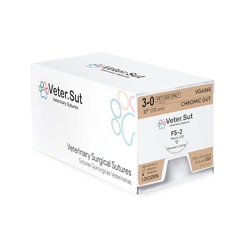 Veterinary Sutures - VeterSut CHROMIC Gut Absorbable Surgical Suture USP Size 3-0, (FS-2) 3/8 19mm Reverse Cutting Needle, 28 Inches (70 cm), 12 Count, Veterinary Use