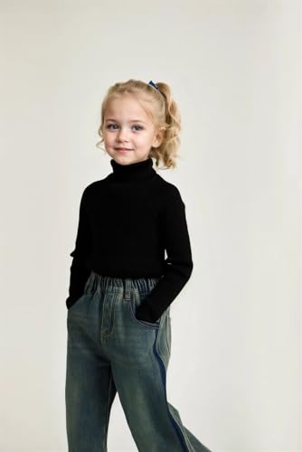 Girl's Turtleneck Sweaters Kids Long Sleeve Drop Shoulder Pullover Cable Knit Chunky Contrast Sweater Tops,Black2
