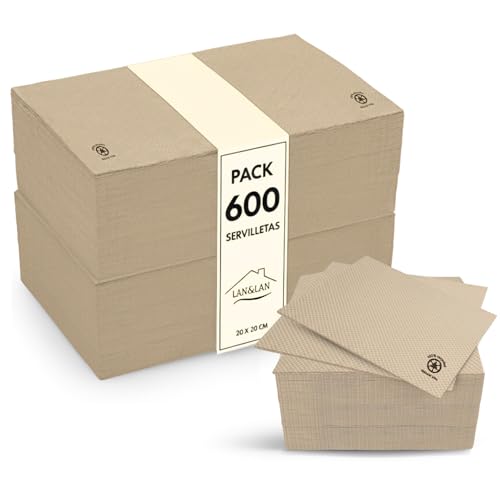 Servilletas Cocktail Biodegradables, Pack de 600 unidades 10x10 cm plegadas, Servilletas papel de Micropunto modernas y rústicas para tus Ocasiones Especiales 20x20 abiertas - LAN&LAN (Kraft)