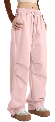 FEOYA Pantaloni cargo da donna, impermeabili, leggeri, da trekking, larghi, Y2K, per attività all'aperto, streetwear, safari, rosa, S