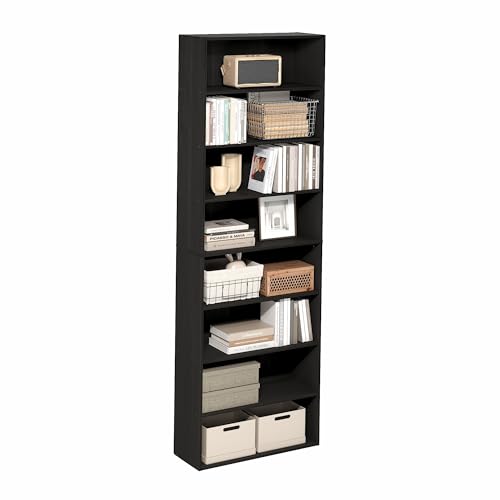 Image of Furinno Basic Book Shelf, 8-Tier Bookcase with Open Shelf, Standing Bookshelf, Cube Storage Organizer, 9 x 24 x 71, for Living Room, Bedroom, Home Office, Espresso