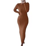 Women Long Sleeve Knit Maxi Sweater Dress Casual Cable Knitted Ribbed Crew Neck Bodycon Long Dress Party Pullover Dress (Brown, S)