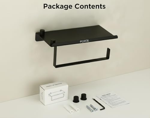 Image of Force Toilet Paper Roll Holder with Built-in Mobile Stand Shelf - Premium Stainless Steel Wall-Mounted Bathroom Tissue Holder | Rust-Resistant, Space-Saving, Modern Design (Black)