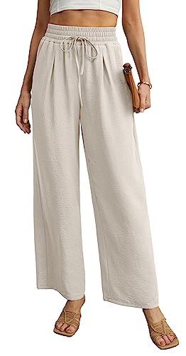Qixing Womens Wide Leg Casual Loose with Pockets Lightweight High Waist Adjustable Pants Ivory-L
