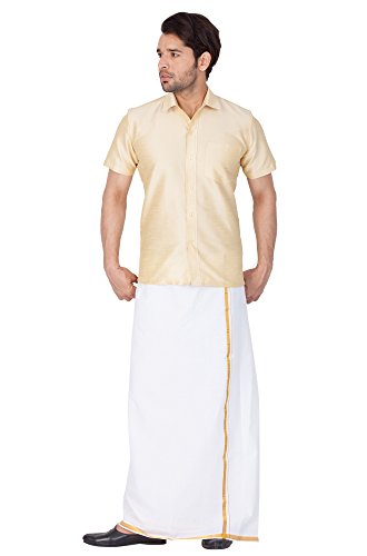 VASTRAMAY Men's Silk Blend Ethnic Shirt - Half Sleeves, South Indian Traditional Shirt for Weddings, Festivals, & Casual Wear