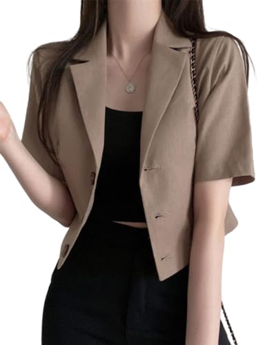 IDEALSANXUN Womens Linen Cropped Blazers Casual Short Sleeve Lightweight Blazer Jackets