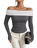 Prettywear Women's Sexy Off Shoulder Tops Dressy Casual Long Sleeves Going Out Nightout Shirt(Grey_WhitePattern,XS)