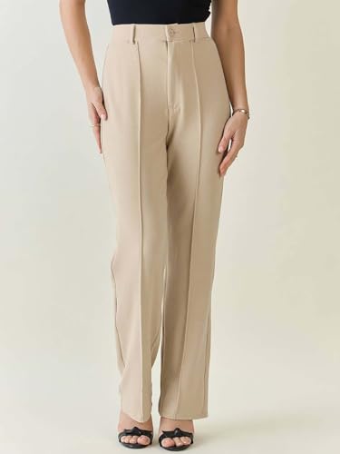 Image of KOTTY Womens Solid Polyester Blend Best Beige Straight fit Trousers (Beige,26)