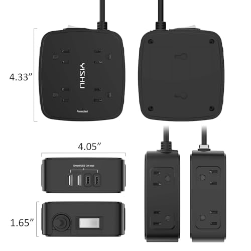 Image of 5Ft Surge Protector Power Strip - 8 Widely Outlets with 4 USB Ports, 3 Side Outlet Extender with 5 Feet Extension Cord, Flat Plug, Wall Mount, Desk USB Charging Station, ETL,Black
