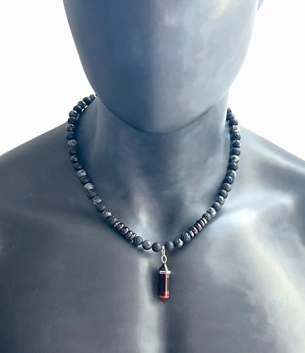 Beaded Choker Pendant Necklace January Birthstone Mens Necklace with Natural Gemstone Garnet Labradorite Black Lava Red Tiger Eye Handmade Jewelry - about 21 inches long