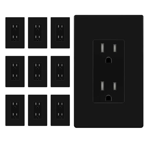 Image of ENERLITES 10 Pack Black Decorator Receptacle with Screwless Wall Plate, Standard Electrical Wall Outlet, 15A 125V, Self-Grounding, 2-Pole, 3-Wire, 5-15R, UL Listed, 61502-TR-BKSID, Tamper Resistant
