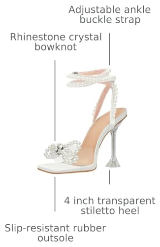 Image of Yolkomo Women's Square Toe Clear Heels Sexy Rhinestone Bow Heels Open Toe Ankle Strap Stiletto High Heel Sandals